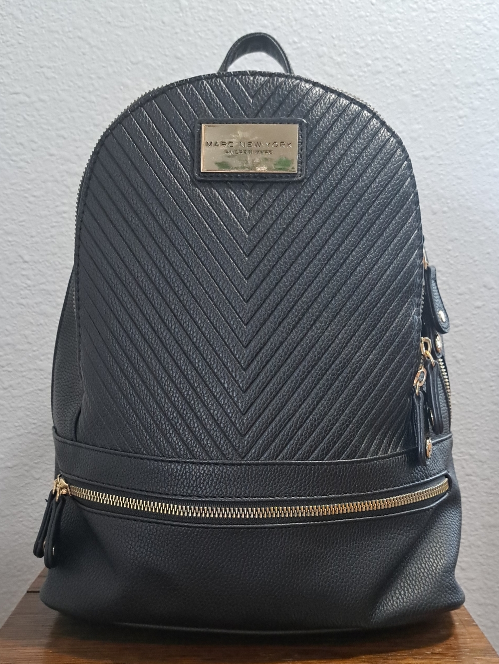 Marc New York Andrew Marc Black Quilted Chevron Backpack with Gold Accents
